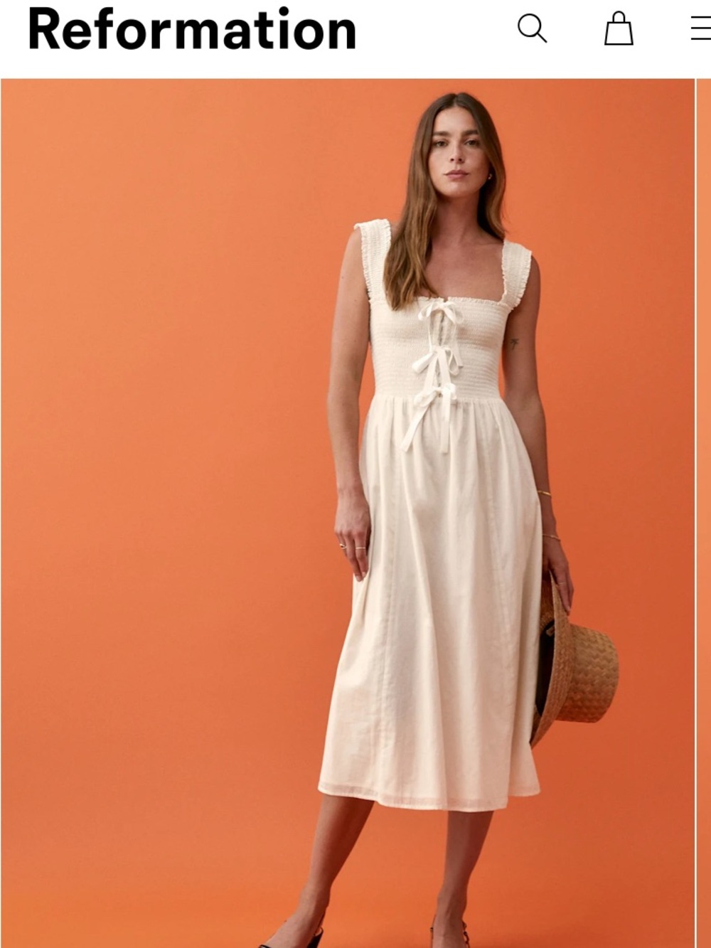 Reformation Darla Dress Ivory Cream CottageCore Tie-Front Midi Dress size Small